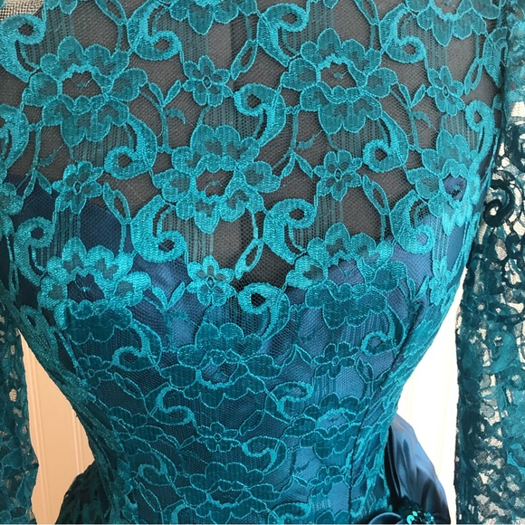Vintage Blue Green Lace Gown Sequin Details Open Back Sweetheart Big Bow Teal - Picture 7 of 16